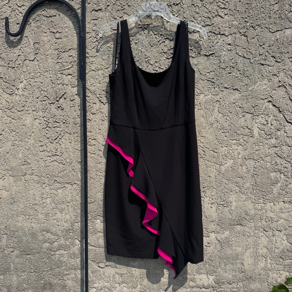 Maggy London Sheath Dress Womens 10 Black Pink Ruffle Sleeveless Cocktail LBD